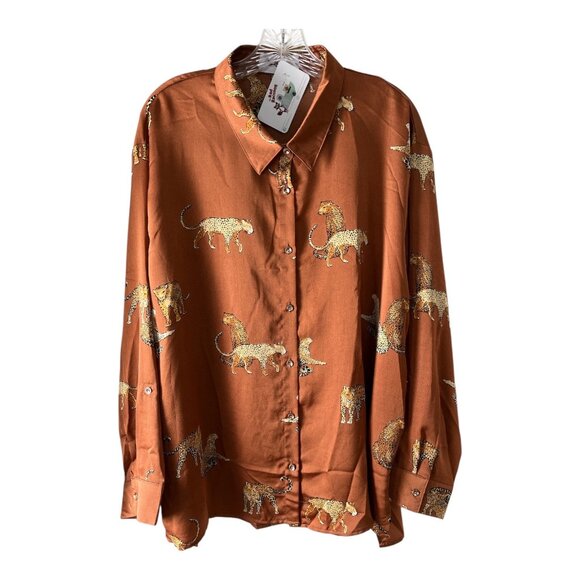 r2 Women’s XL Brown Satin Animal Print Button-Front Shirt – Cheetah Pattern – NW - Picture 1 of 8